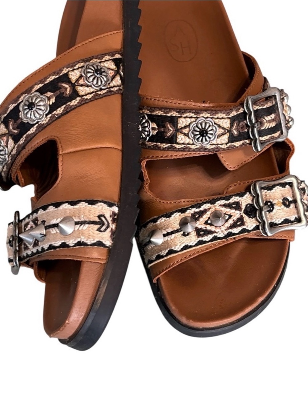 Ash Ulysse Western Embellished Buckle Slide Sandals in Tan & Black - Picture 5 of 8